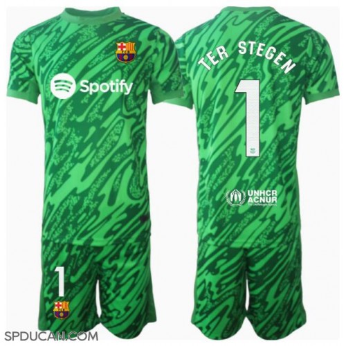 Dječji Nogometni Dres Barcelona Ter Stegen #1 Golmanski Gostujuci 2024-25 Kratak Rukav (+ Kratke hlače)